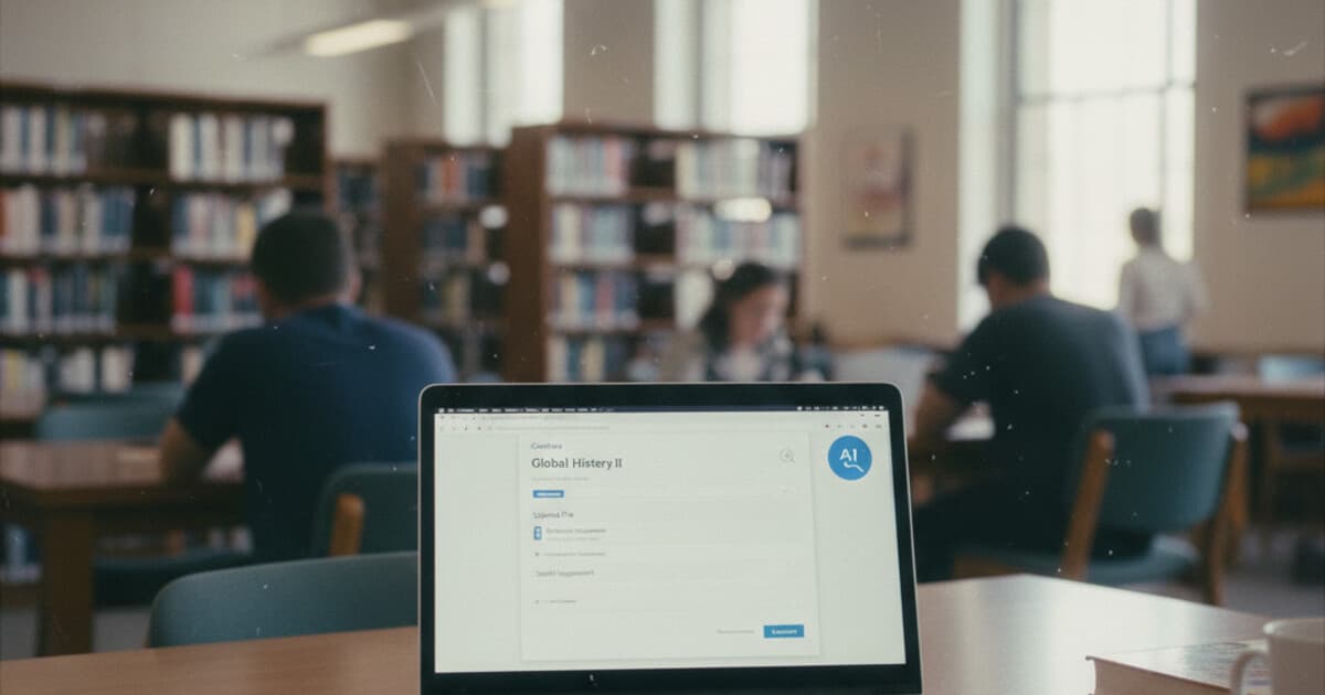 A student's laptop showing a Canvas LMS assignment submission page with a Turnitin AI detection badge