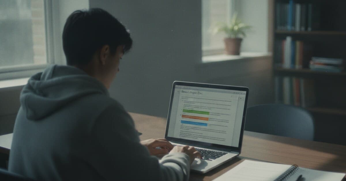 Student at a laptop reviewing a Turnitin similarity report before submitting their assignment