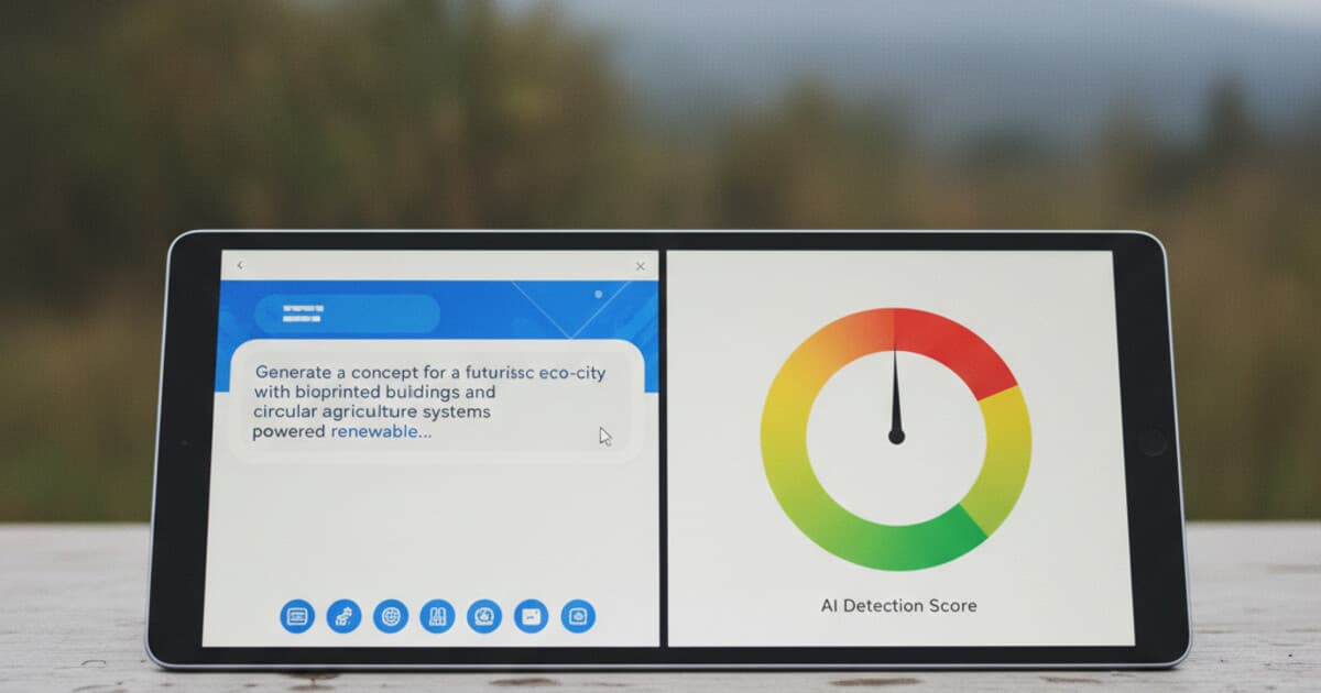 Person typing on a laptop with a split screen showing a ChatGPT prompt on the left and an AI detection score dropping on the right
