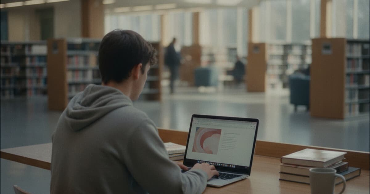Student creating a Google Slides presentation on a laptop in a bright university study space