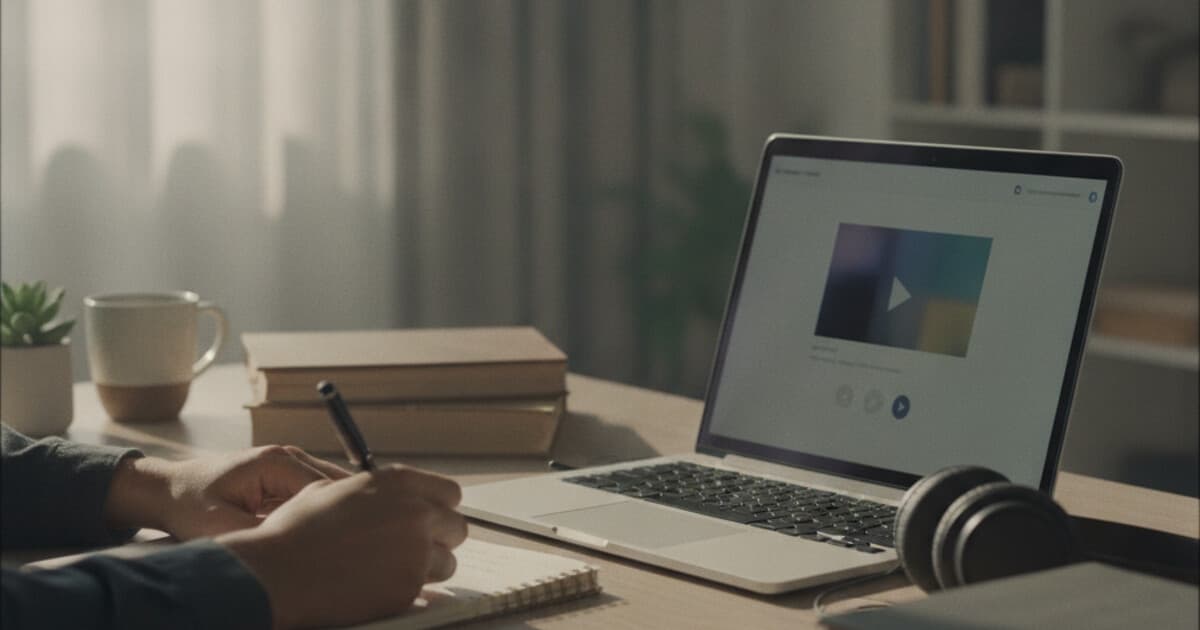 Student writing notes beside a laptop showing a MasterClass video lesson in a clean modern workspace