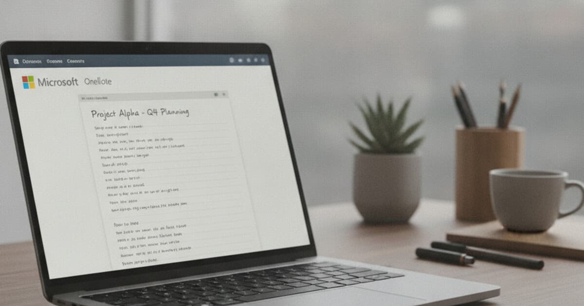 Microsoft OneNote notebook open on a laptop screen with text document visible