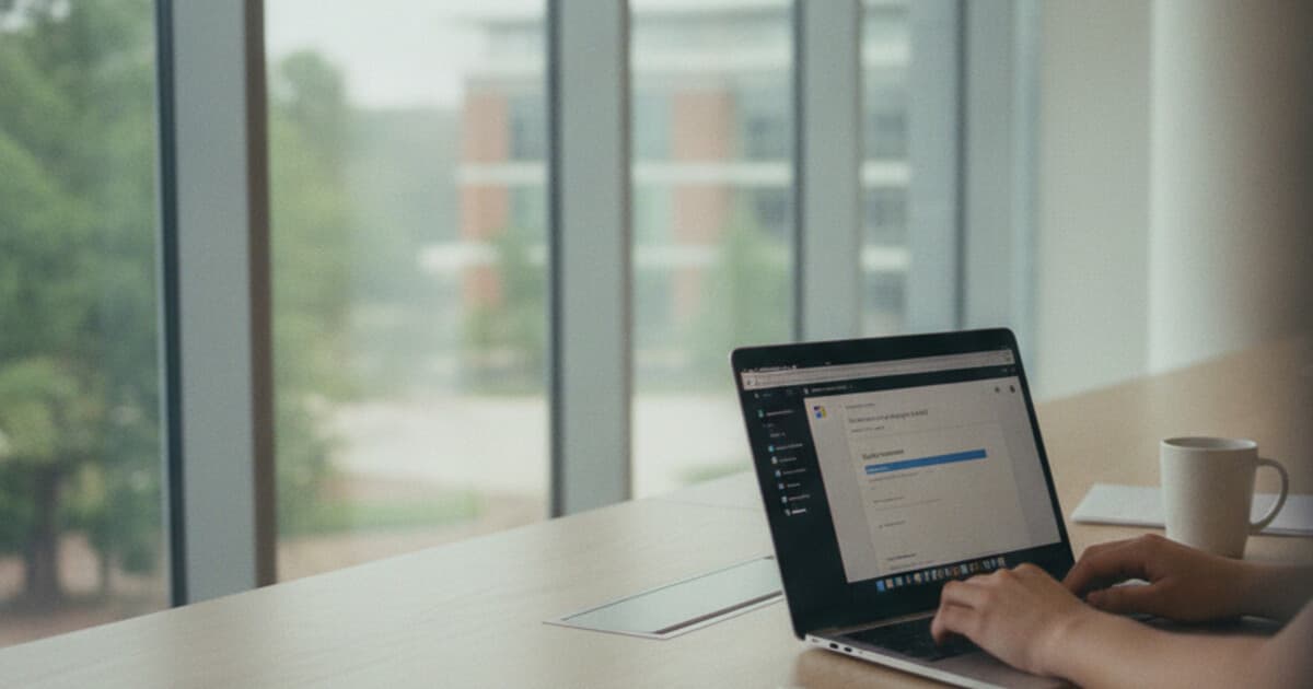 Student using Microsoft Teams on a laptop to submit a school assignment, modern university study space