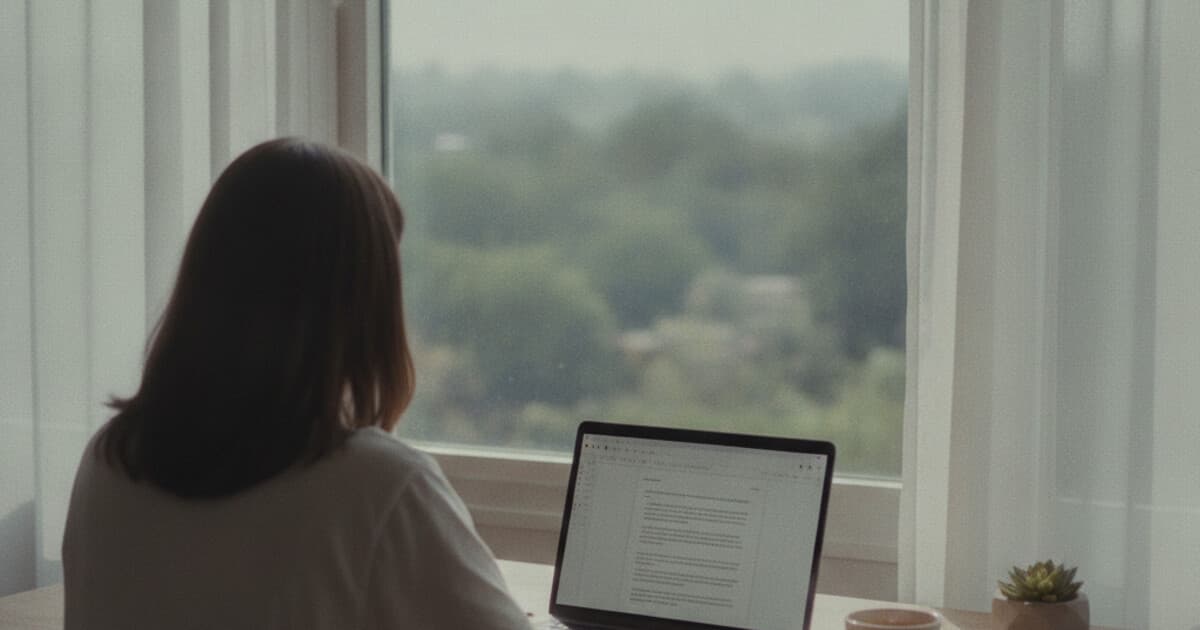 Student working at a clean desk with Notion open on a laptop, natural light workspace