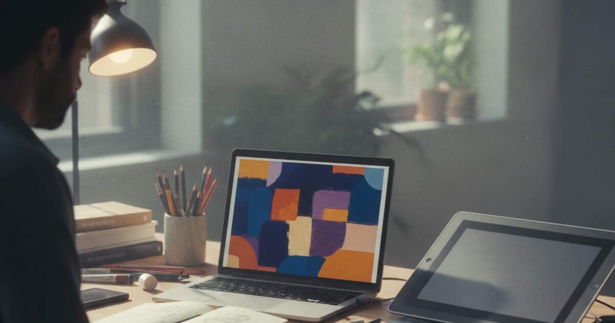 Creative learner working on a design project at a laptop with illustration tools on the desk