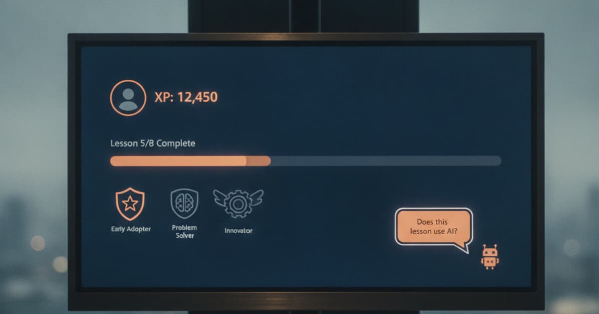 Xperiencify gamified course platform dashboard with an AI writing detection question