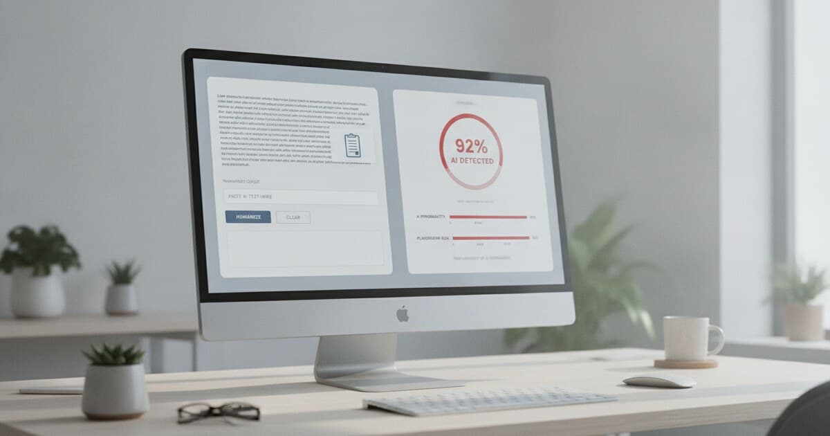 Split-screen UI showing AI text being humanized on the left and AI detector scores on the right