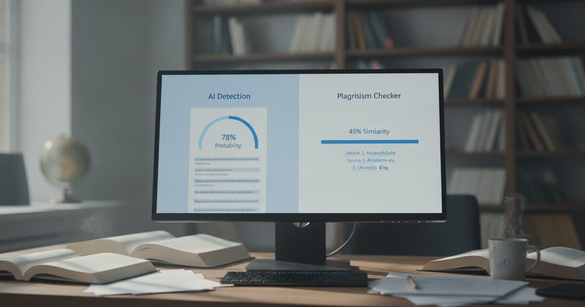 Split screen comparing GPTZero AI detection panel and plagiarism checker similarity score interface