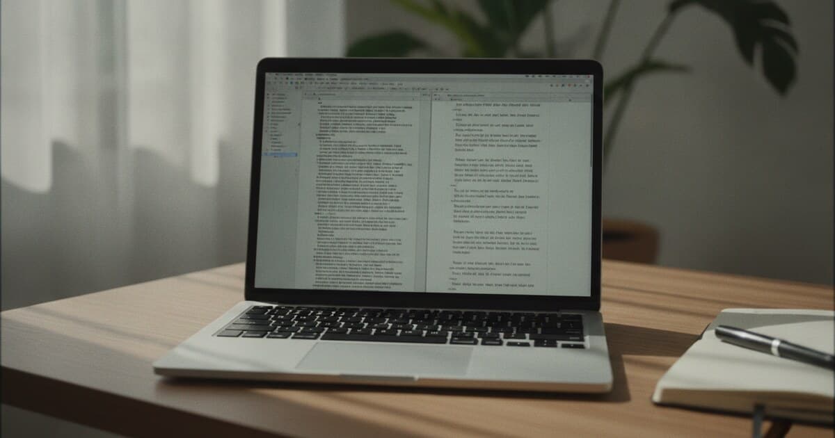 Open laptop on a clean desk showing two text panels side by side representing AI text comparison and humanization review