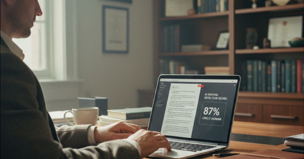 Professor reviewing student essay on a laptop with AI detection analytics on screen