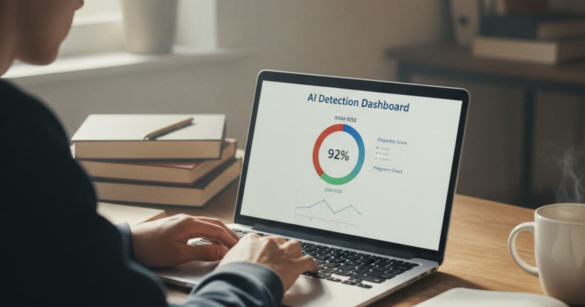 Student at laptop with AI detection score dropping from high to low on screen