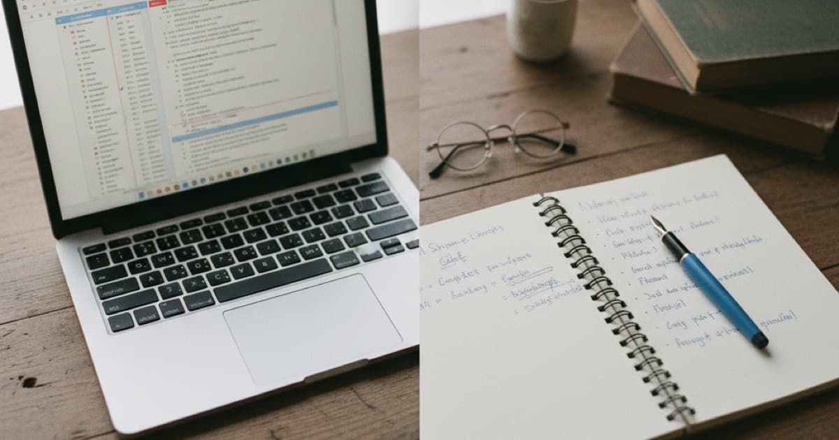 Laptop and notebook with handwritten notes side by side on wooden desk, flat lay