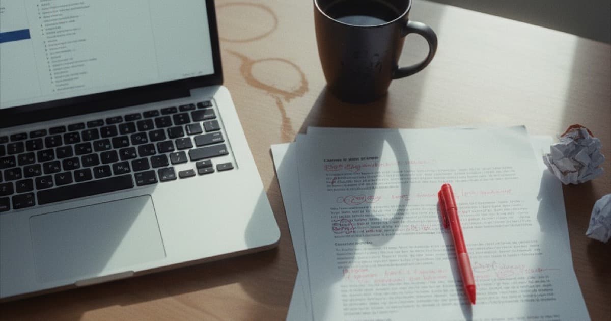 Overhead view of university student desk with laptop, printed essay with red pen marks, and coffee mug