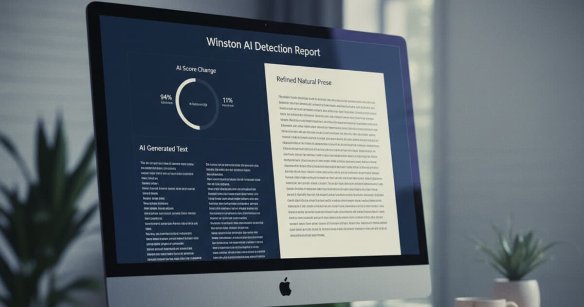 Winston AI detection score interface showing a score dropping from 94% to 11% after text humanization