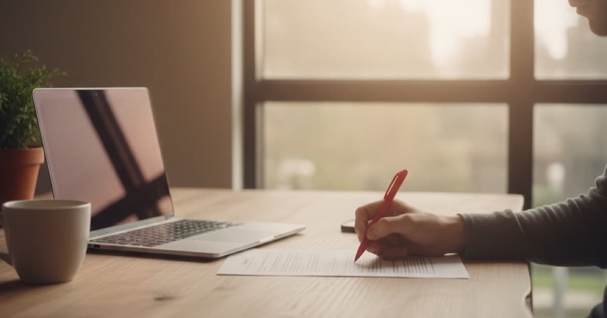 Person editing a printed document with a red pen at a clean desk with laptop