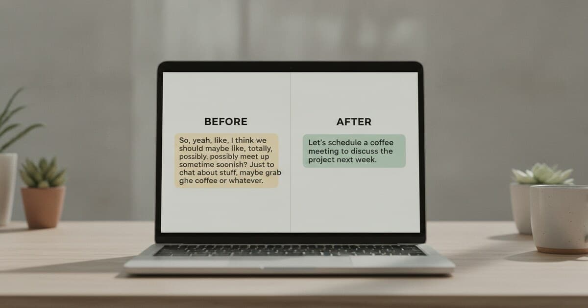 Before and after text comparison showing casual writing transformed into polished professional language on a laptop screen