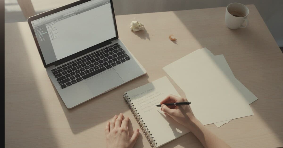 Person rewriting notes on paper beside a laptop showing a text document, natural daylight, clean desk