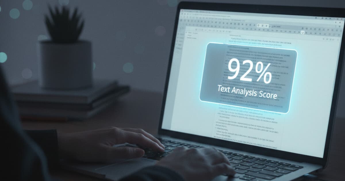 Laptop screen showing AI text detection score analysis in a dimly lit room