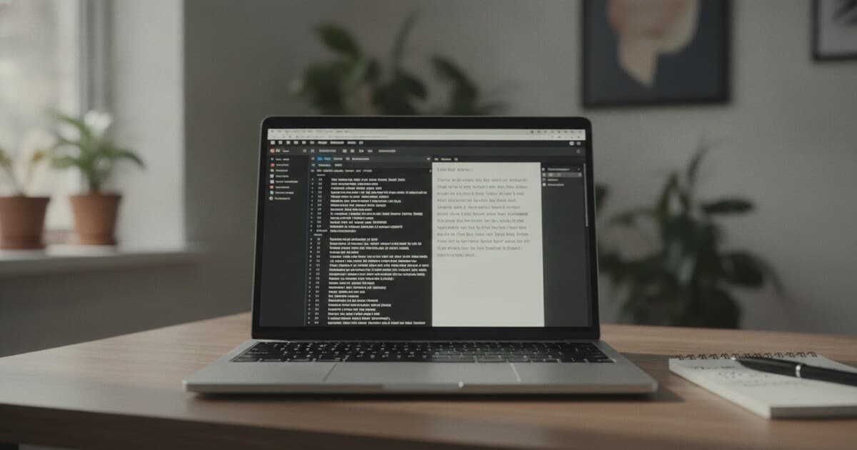 Laptop on a clean desk with two text panels on screen, showing AI-generated text and humanized output side by side, representing a JustDone humanizer review