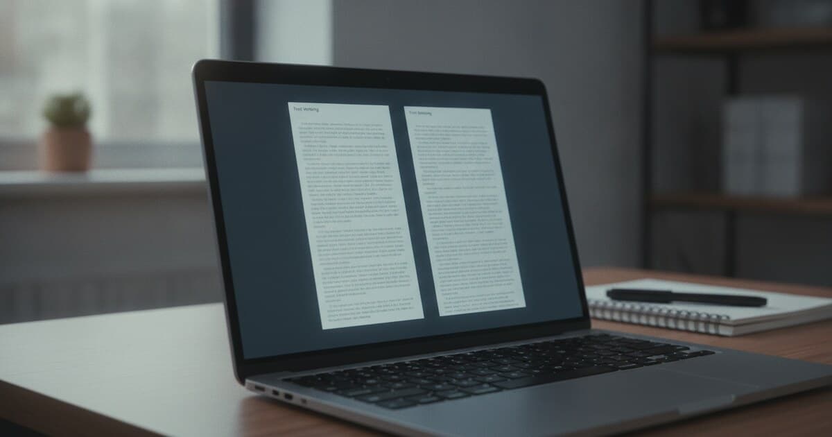 Laptop screen displaying a text rewriting interface with two side-by-side panels, soft blue glow on a student desk