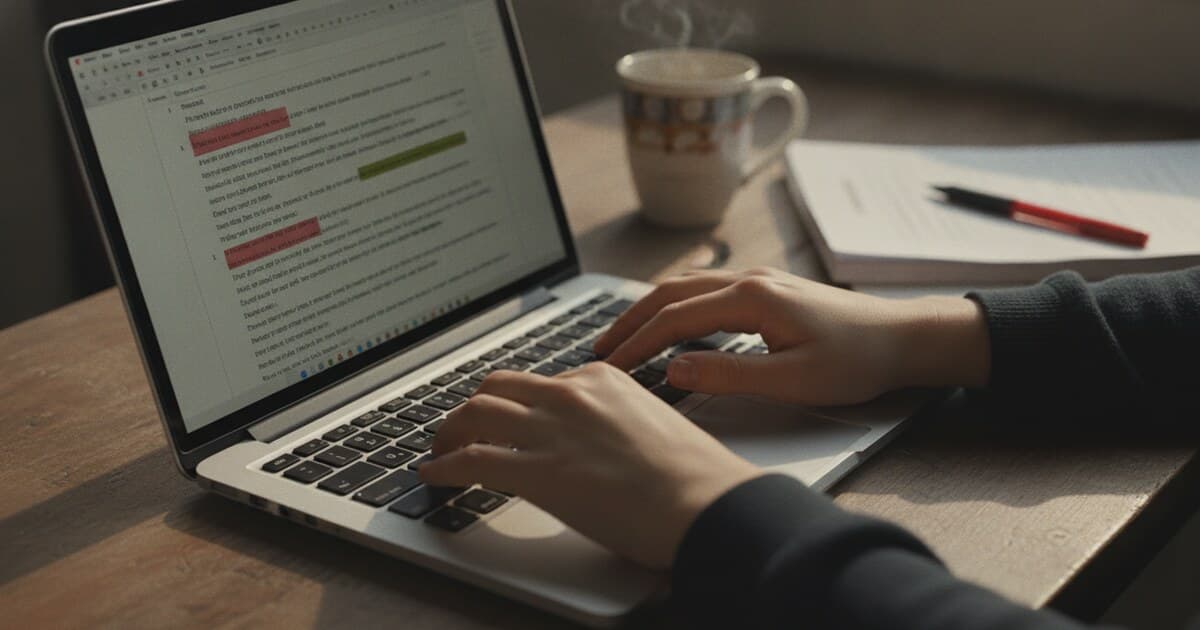 Student reviewing an AI detection report on a laptop with highlighted sentences showing flagged content