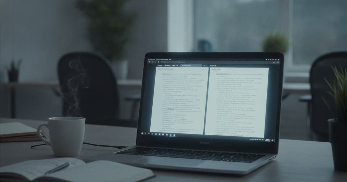 Laptop screen displaying a text editor interface with a rewriting tool, soft blue glow on a muted workspace desk