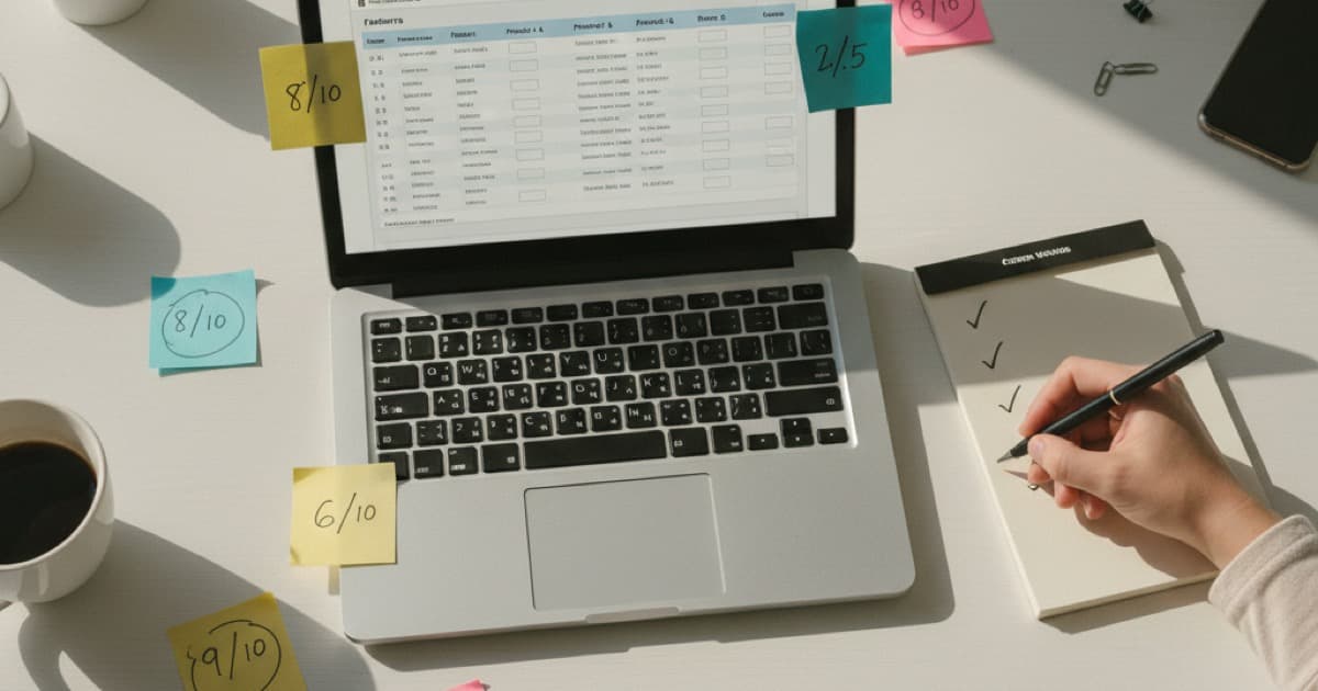 Comparison notes and laptop on desk