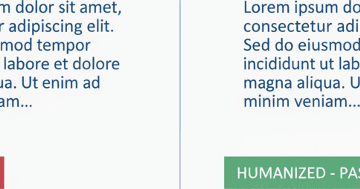 Split screen showing AI text flagged red by Scribbr's AI detector on the left and the same text passing with a green checkmark on the right after humanization