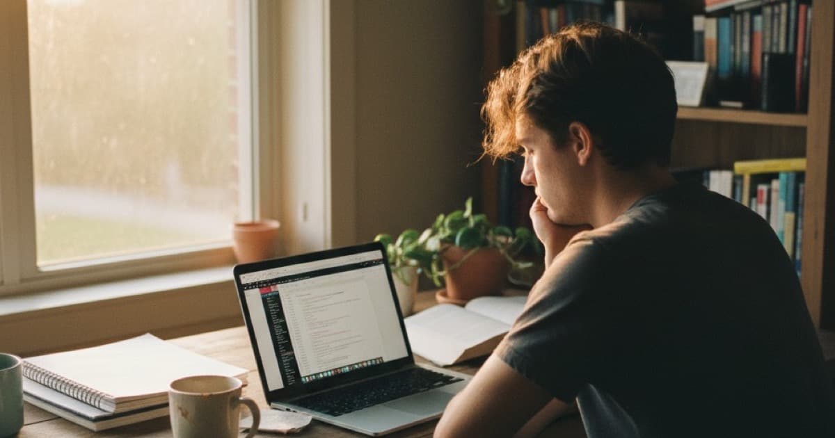 Student working on essay at desk with laptop
