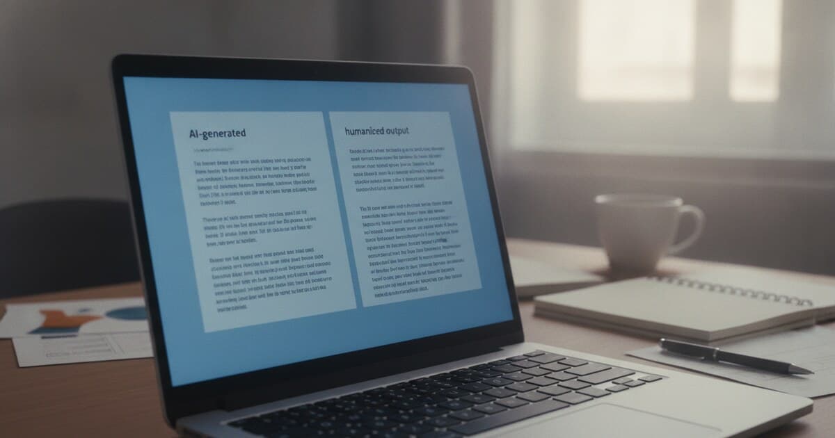Laptop screen displaying two side-by-side text panels showing AI-generated and humanized output, soft blue screen glow on a student desk