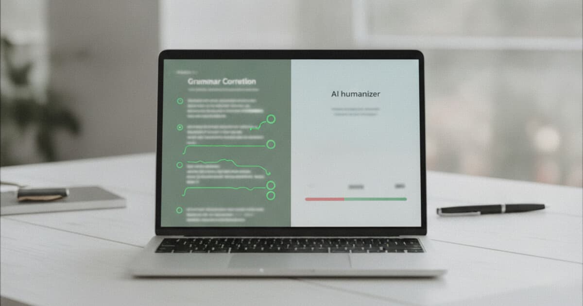 Side-by-side interface comparison of Grammarly grammar checker and NaturalRewrite AI humanizer showing detection score dropping from red to green