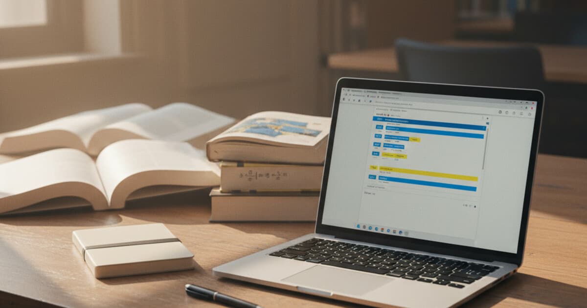 Laptop on a university library desk showing a document review interface
