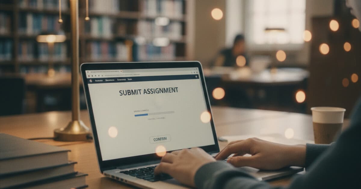 Student submitting assignment on laptop in a university library setting