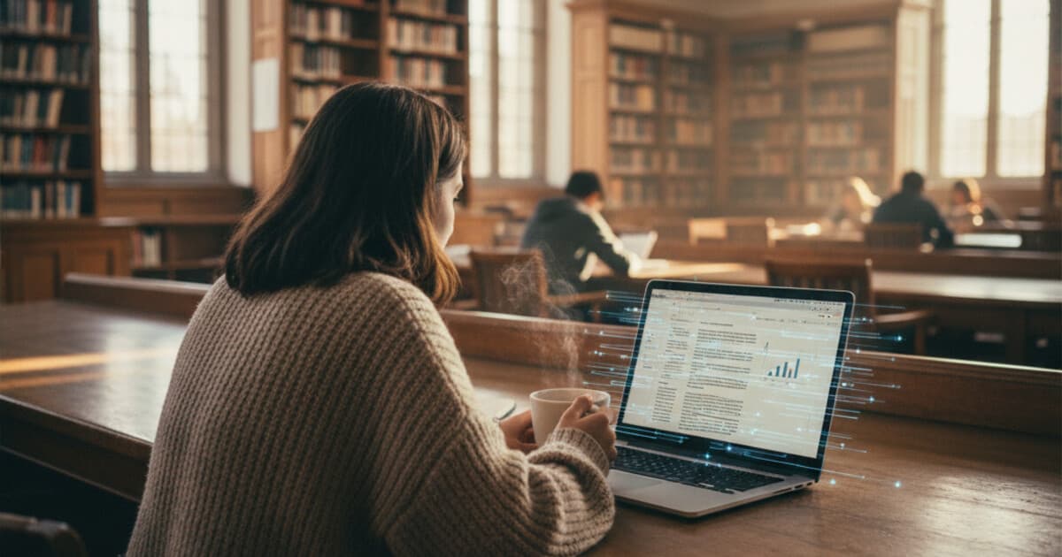 Student at laptop reviewing academic work with AI detection concept visualization