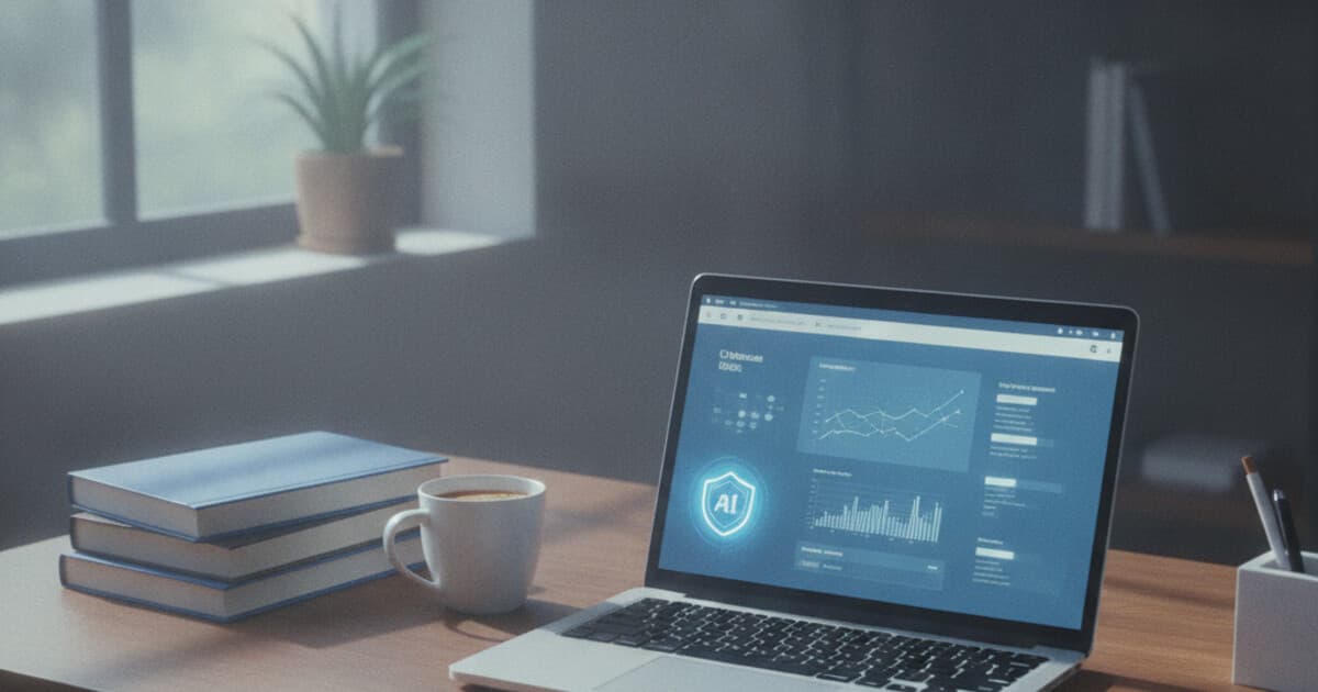 Student at a laptop using a study platform with AI detection icons in the background