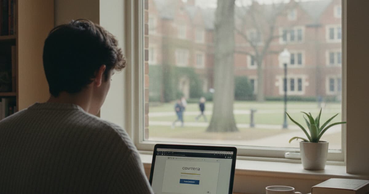 Student at laptop submitting an online assignment on Coursera, university campus background visible through window