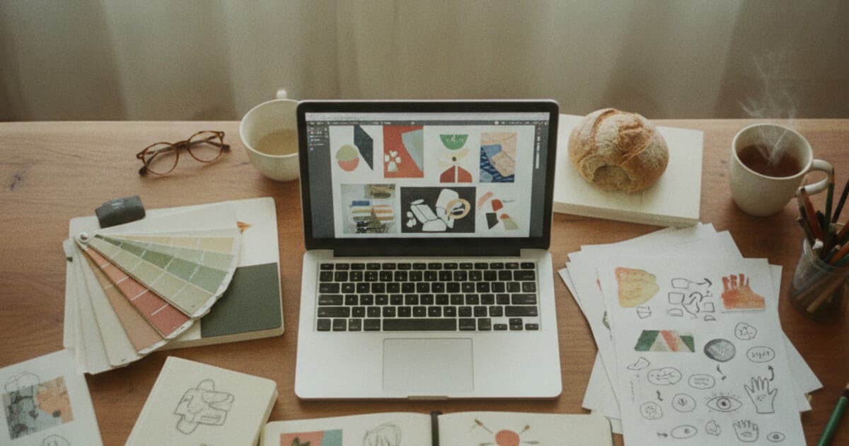 Student reviewing creative project on laptop with sketchbook and design notes on a studio desk