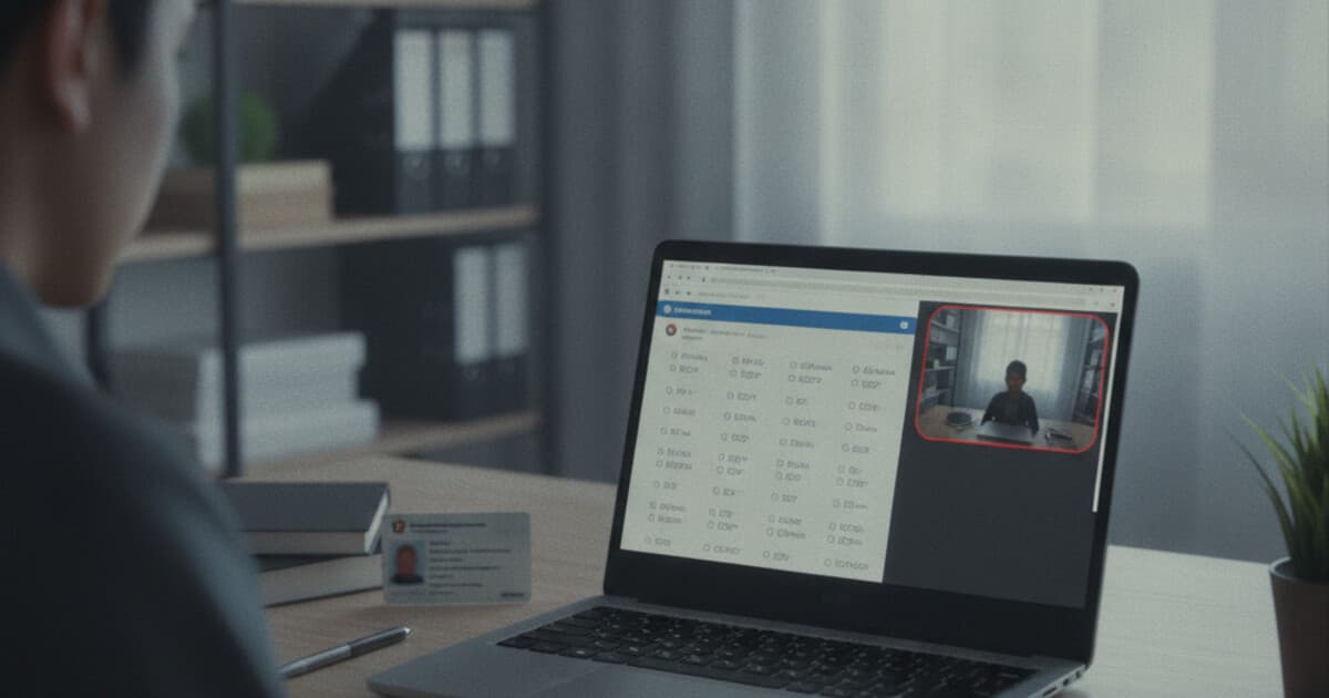 Examity online proctoring session on laptop with webcam monitoring and exam interface visible