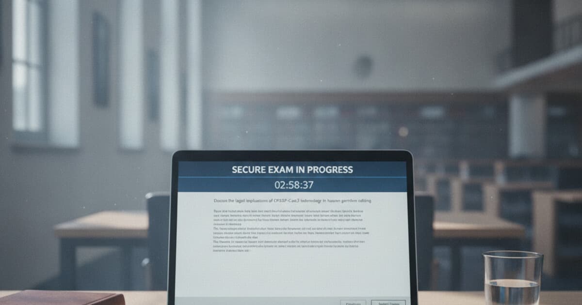 ExamSoft Examplify secure exam interface on a laptop showing a timed essay response in a professional school setting