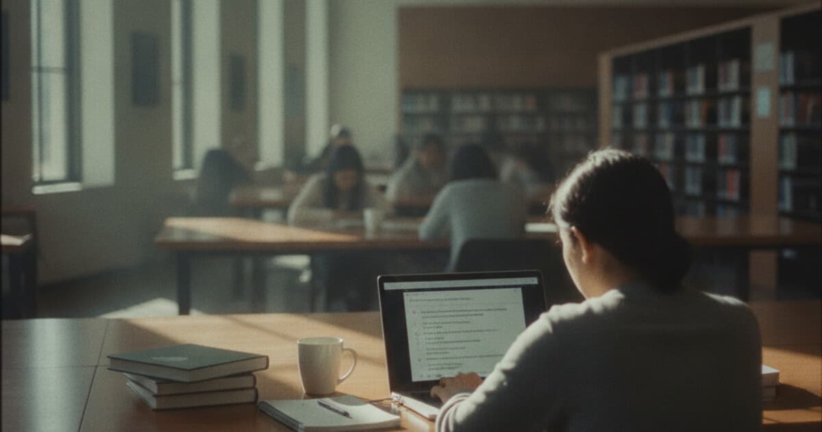 Student completing a Google Forms quiz on a laptop at a bright university library desk