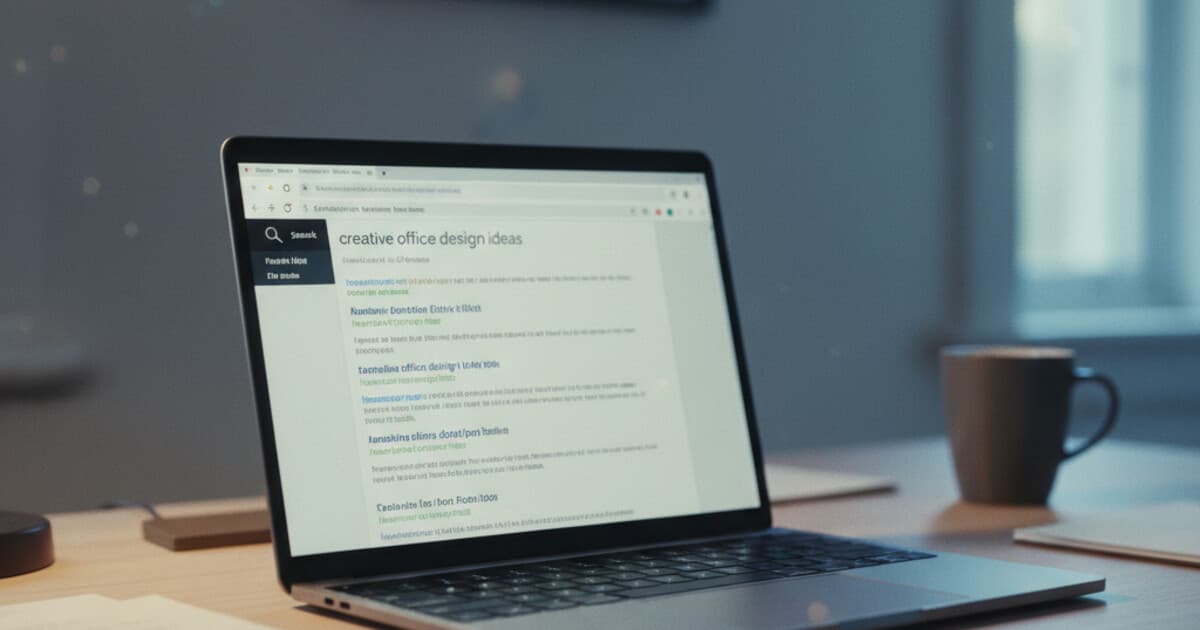 Laptop screen showing search engine results page on a clean desk with soft office lighting
