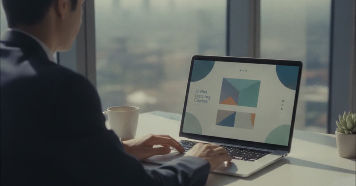 Professional completing a LinkedIn Learning course on a laptop at a modern desk