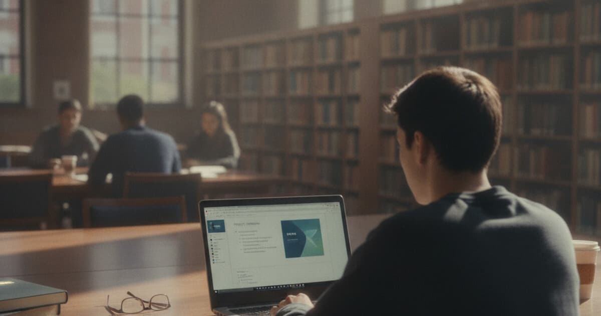 Student reviewing a Microsoft PowerPoint presentation on a laptop in a university library