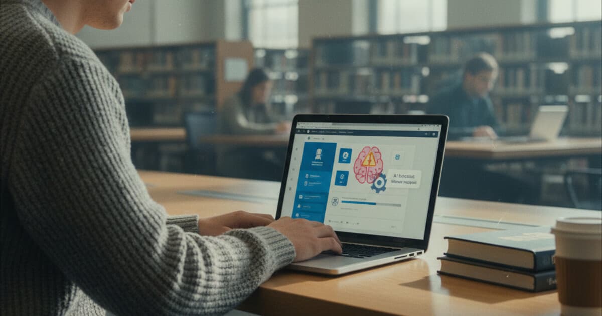 Student working on Pearson MyLab assignment on laptop with AI detection question overlay