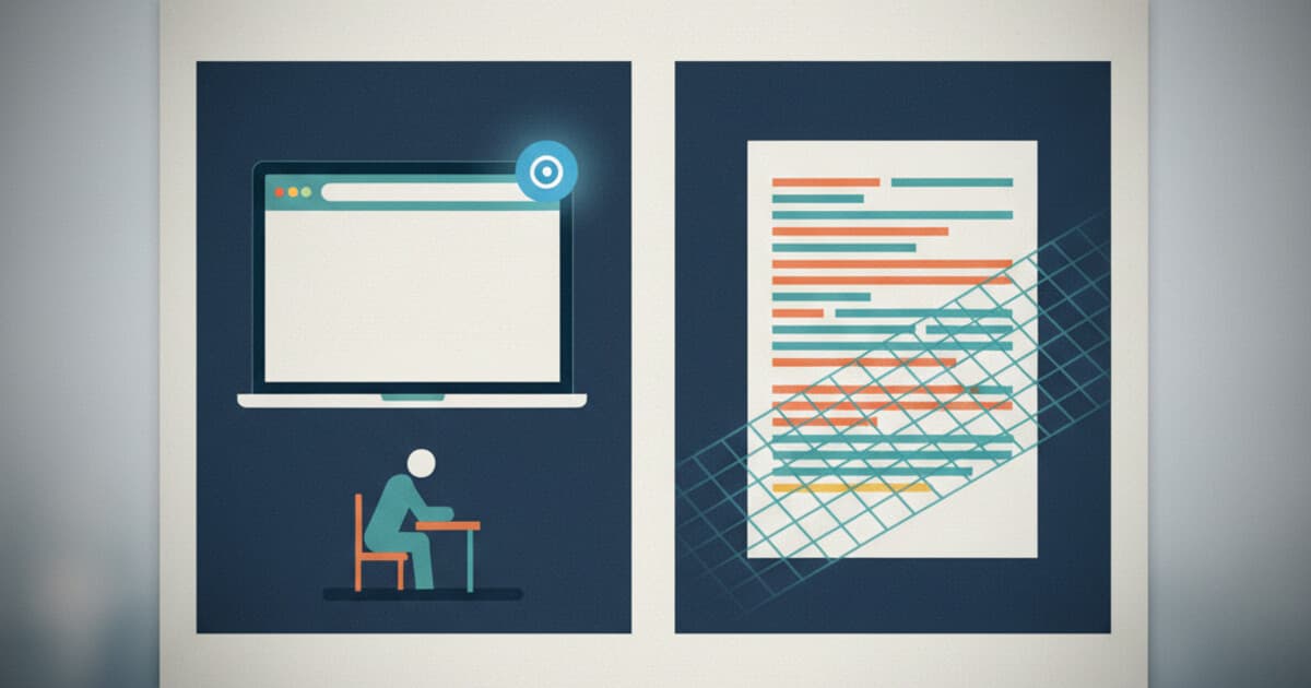 Split screen showing a browser lockdown interface on the left and an AI text analysis dashboard on the right
