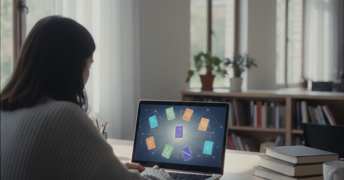 Student studying at a desk with a laptop open to a flashcard study app, colorful digital flashcards on screen