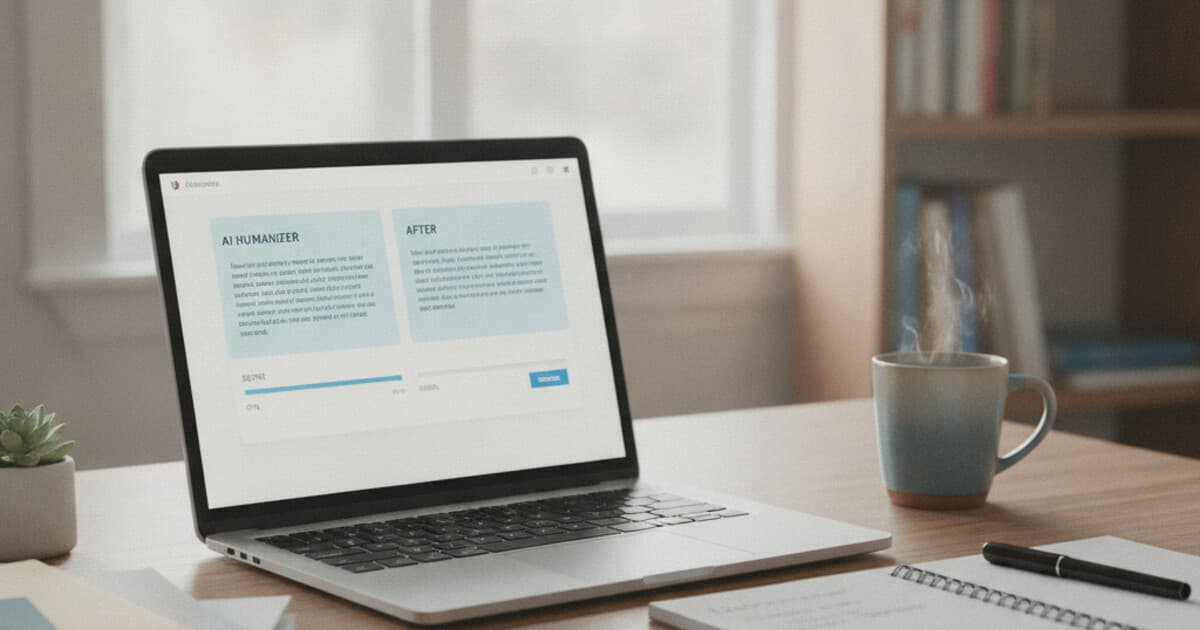 Student reviewing an essay draft on a laptop with an AI humanizer tool open on screen