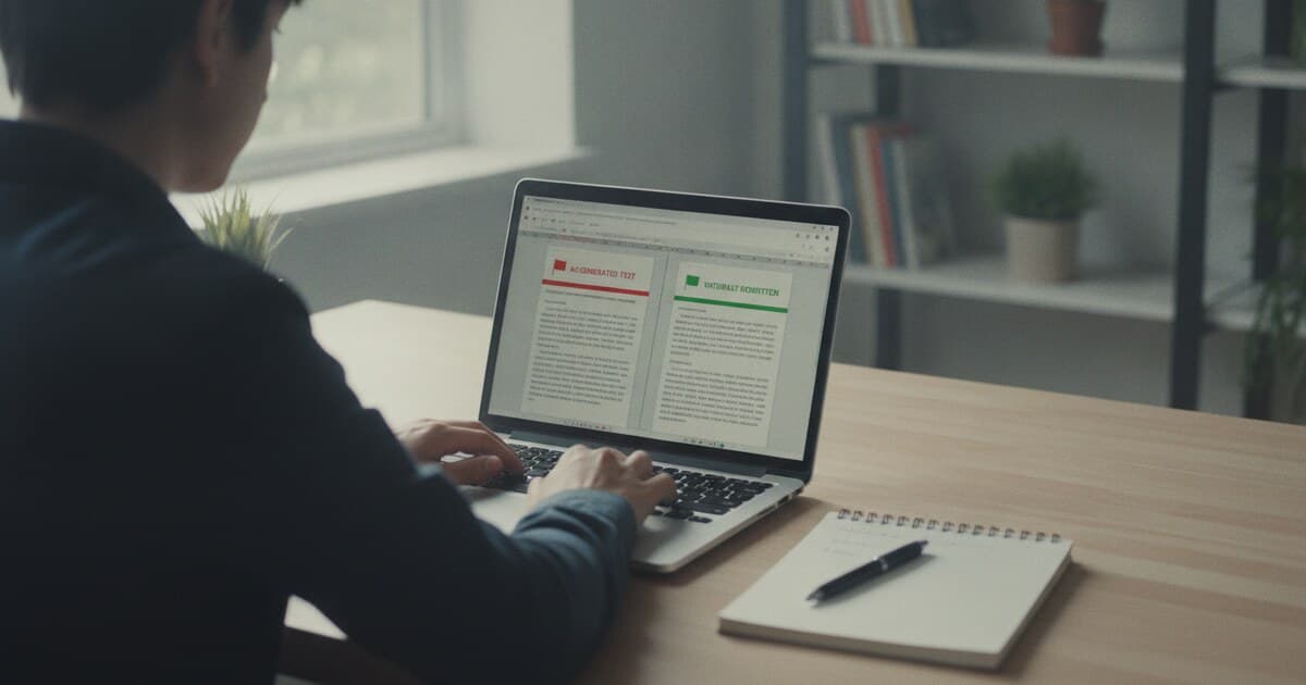 Student editing an AI-drafted essay on laptop with rewritten sections highlighted
