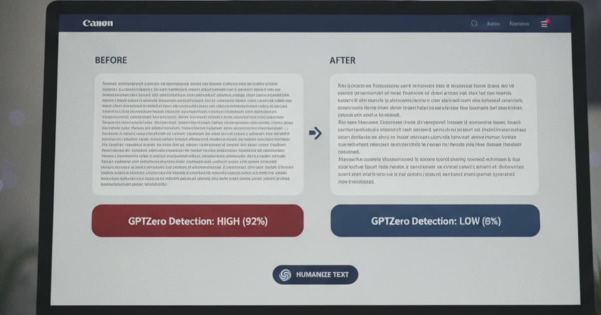 AI humanizer tool interface showing text being rewritten to lower a GPTZero detection score with before and after comparison