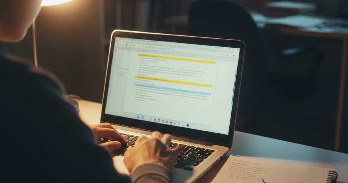 Student typing on laptop at desk during evening study session